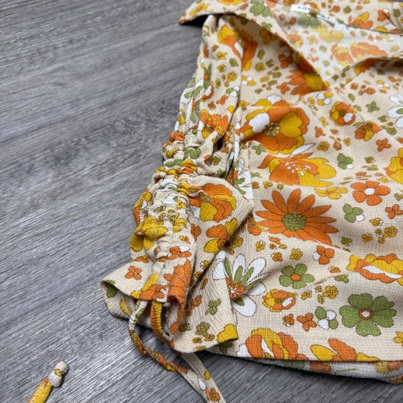 Kontrol Floral Sleeveless Top Collared V-Neck Side Cinch Orange Green Retro 70's - Picture 7 of 10